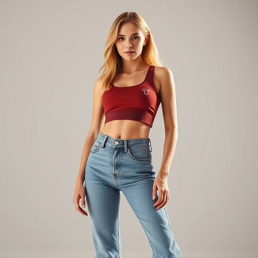 Une mannequin portant un look Y2K tendance avec un haut court et un jean taille basse.